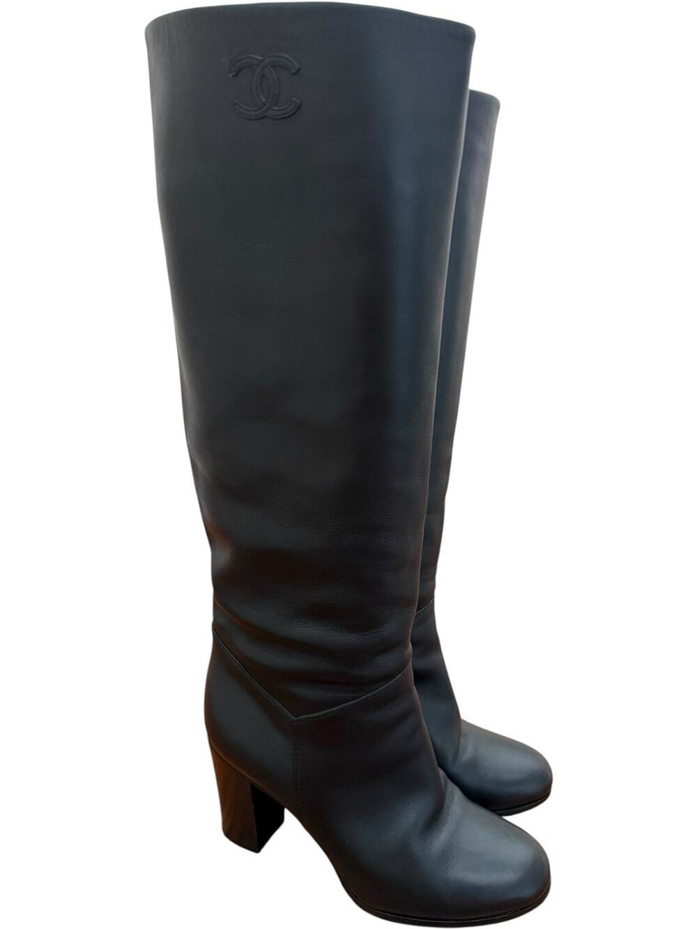 CHANEL Tall Black Leather Knee High Boots Size 38 CC Logo Block Heel